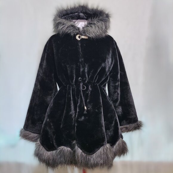 Black & Grey Faux Fur Jacket with Jewelled Rhinestone Closure and Hood - Picture 3 of 9